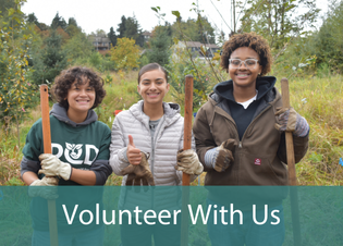 Three volunteers smiling. Text reads \