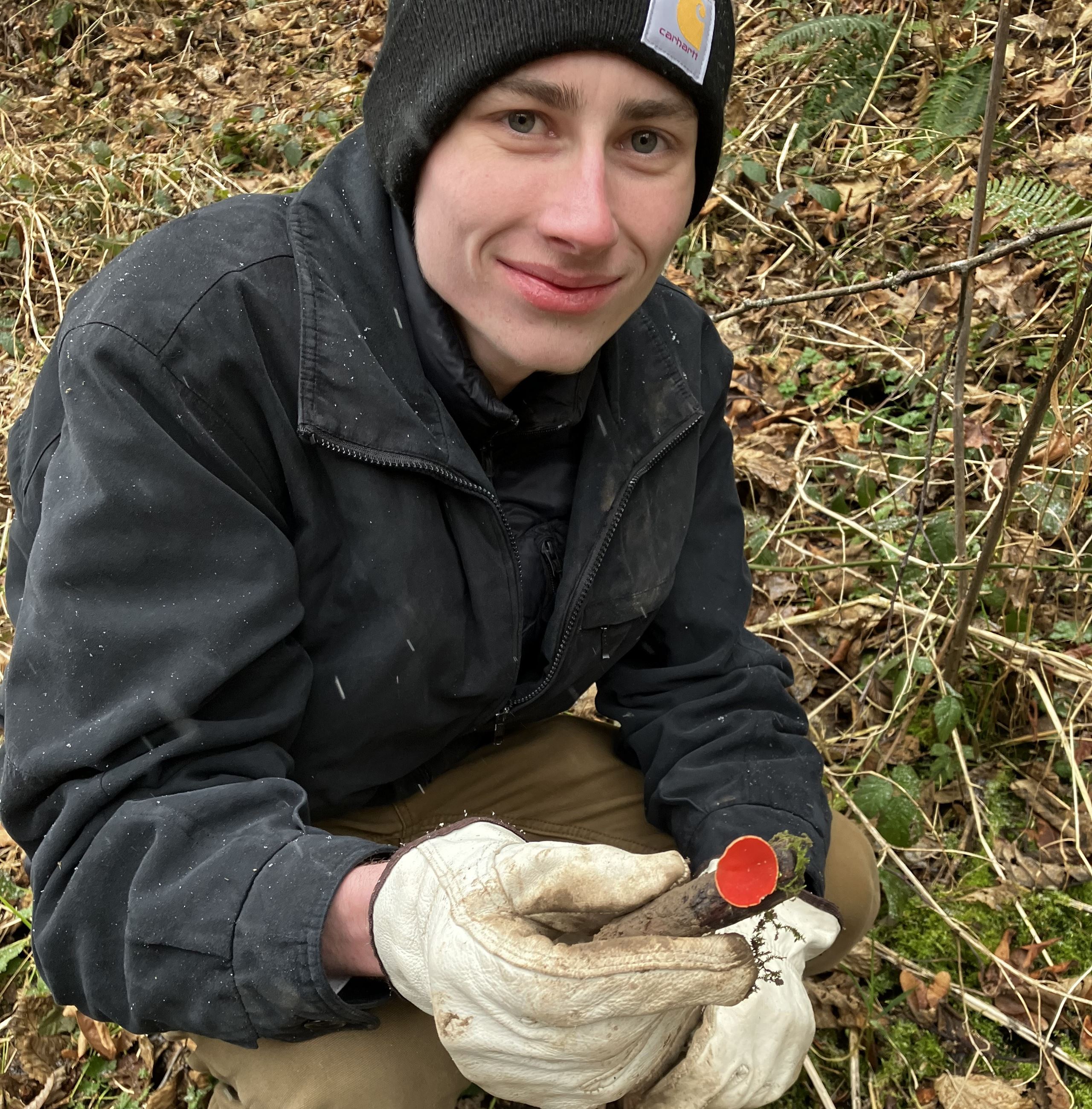 Intern holding stick sporting bright red fungus.